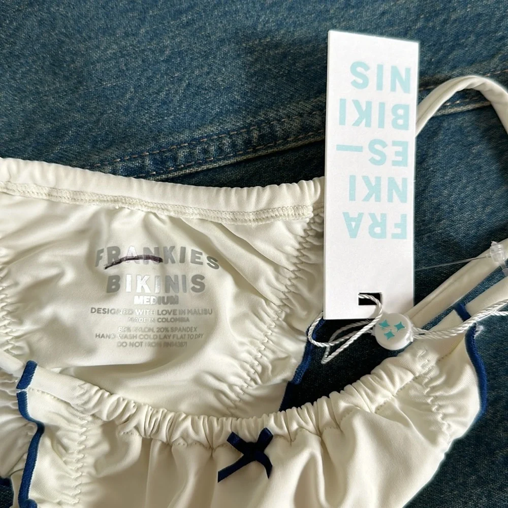 NWT Frankie’s Tidal Skimpy String Bikini Bottom White/Navy Small